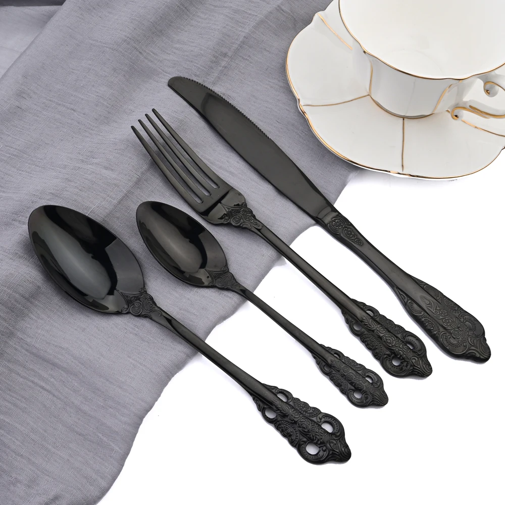 Zoseil 24Pcs Flatware Black Cutlery Set Knife Fork Tea Spoons Cutlery Set Stainless Steel Dinnerware Western Style Kitchen