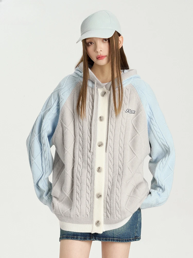 Hooded Cardigan Couple's Loose Single-Breasted Casual Color Matching National Spring  Autumn Twist Texture Raglan Sleeve Fashion