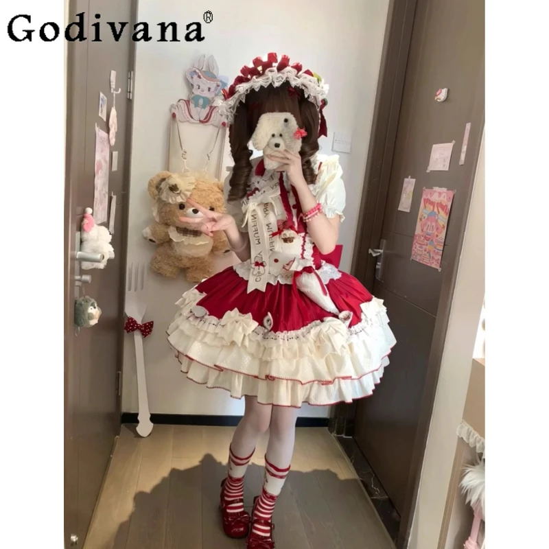 الحلو لطيف الأحمر والأبيض لوليتا فستان المرأة لوليتا خمر دمية الزفاف فستان الأميرة الفتيات لوليتا فستان حفلة عيد ميلاد