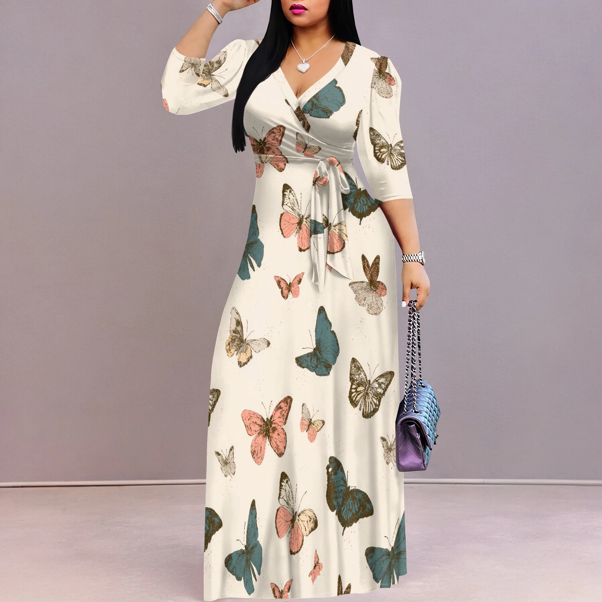 Vestidos maxi plus size para mulheres, vestido longo casual e fluido, manga 3/4, decote em V, vestido envoltório com cinto