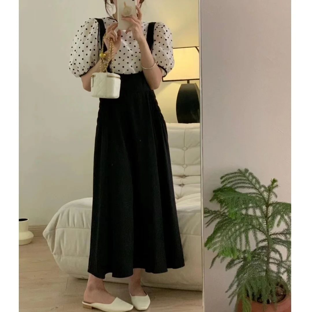 Koreaanse Chic Lente Zomer Polka Dot irt Top vrouwen Faionable Belted Lange Rok Tweedelige Set Ci Pendelen Sle