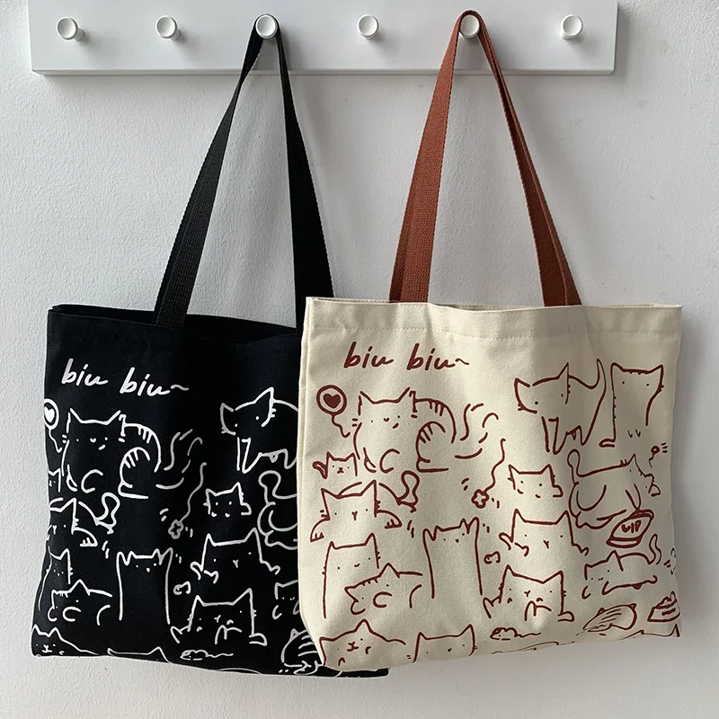 

2025 Women Canvas Shoulder Bag Cartoon Printing Ladies Casual Handbag Tote Bag Large Capacity Cotton Reusable Shopping Beach Bag