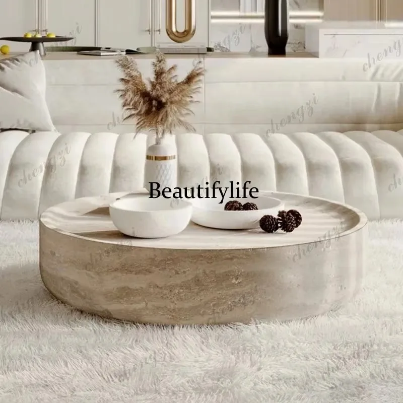 L181 Wabi-sabi mid-ancient style imitation travertine coffee table living room home art homestay round marble combination