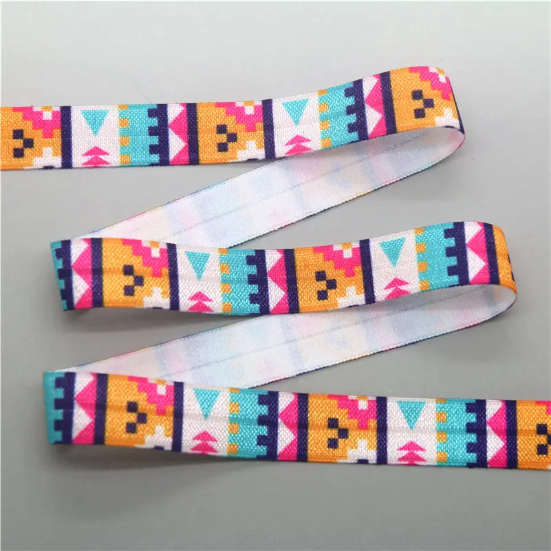 DHK 5/8'' 5yards Dot Tribe Chevron Pattern Printed Fold Elastic FOE Stretch Ribbon Decorations Craft DIY Sewing E2212