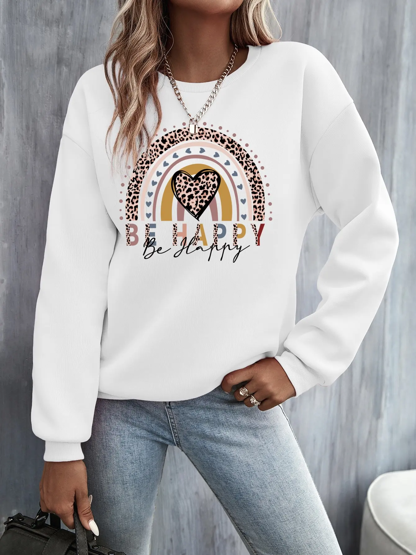 Leopard Heart And Letter Graphic Womens Clothing Creative Street Sweatshirts Hip Hop Fleece Hoodies Casual Crewneck Pullovers