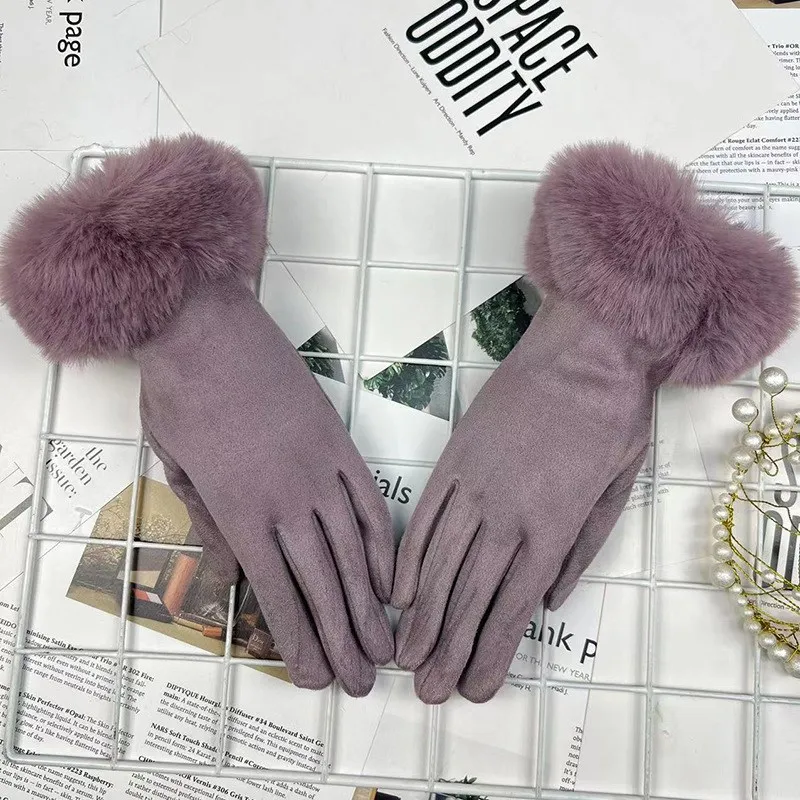 

Winter Elegant Women's Gloves Fur Collar and Velvet Lady Finger Gloves Touch Screen Solid Color Mittens