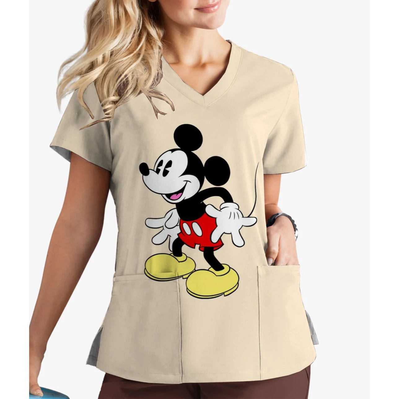 الأكثر مبيعاً الصيف المرأة الحيوانات الأليفة طبيب الطبية الخامس الرقبة زي العمل ديزني ميكي ميني طباعة متجمد قصيرة الأكمام ممرضة موحدة