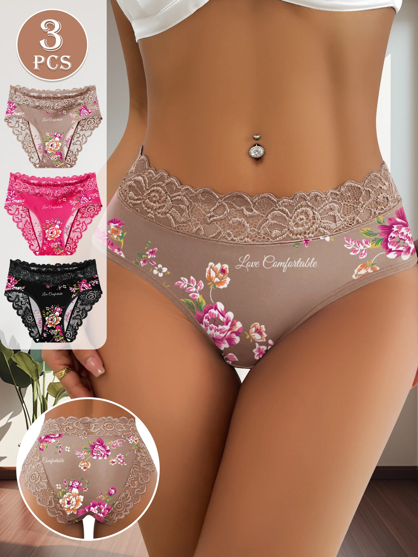 

3PCS Women'S Printed Mid-Rise Briefs With Floral Print All Over The Waist Floral Lace Briefs Soft Comfortable And Sexy Lingerie