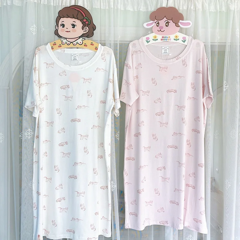 夏ルーズ-tシャツドレス女性のファッションホームドレス猫パジャマモーダルスリープスカート綿半袖ラウンドネックプリント