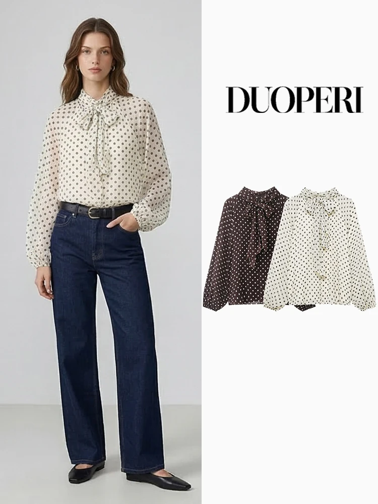 

Женская модная блузка DUOPERI с бантом и кружевной отделкой, винтажная, с круглым вырезом, длинными рукавами, элегантная женская рубашка