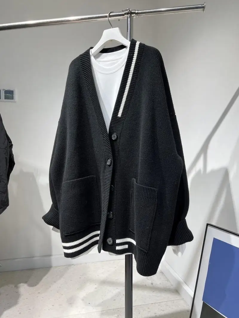 

plus Size Knitted V-Ne Open Cardigan Coat for Heavy Women 300 Pou Casual Loose Fit Stripe Pattern Autumn Winter Outerwear