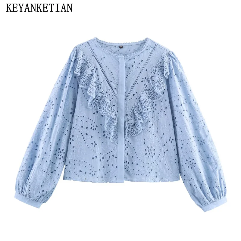 

KEYANKETIAN Summer new women's casual lantern sleeves with lotus leaf edges, hollowed out embroidered shirt, women top