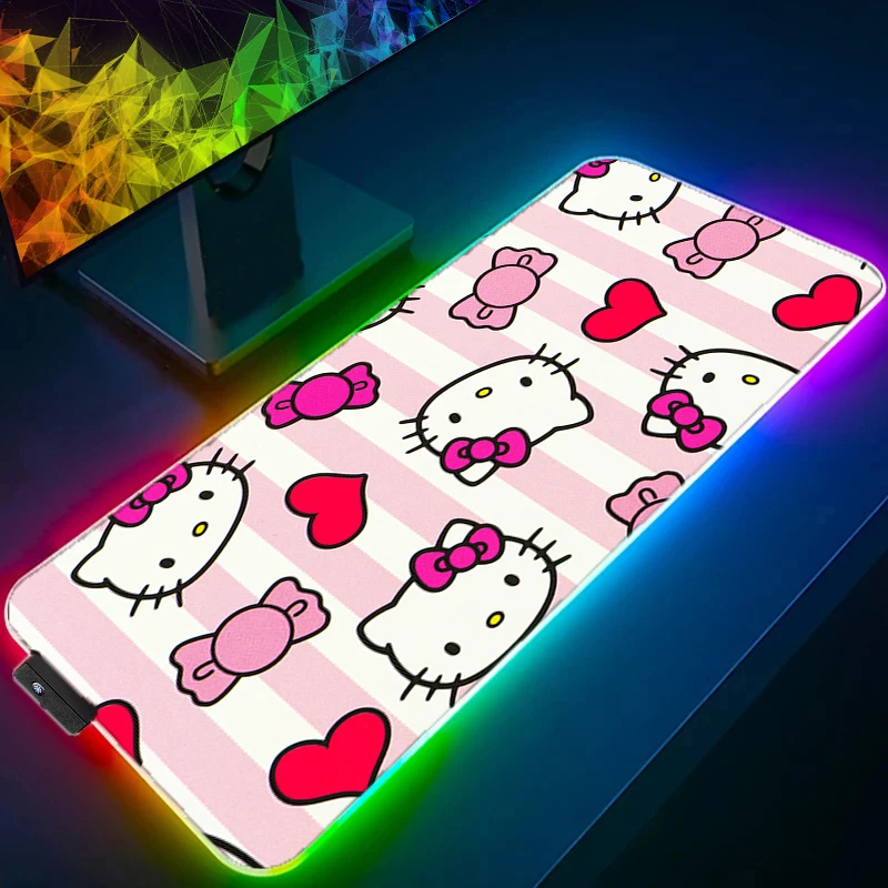 Imagem -03 - Rgb Led Mouse Pad Padrão Olá Kitty Bloqueio Borda Mousepad Grande Mouse Pad Computador Jogos Teclado de Borracha Mesa Kawaii