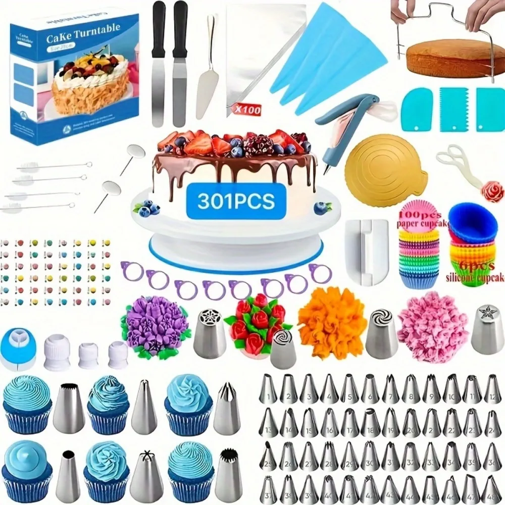301pcs/set Cake Decorating Set-Non-Slip Turntable with 48Piping Tips, Scrapers & Tools for DIY Baking Tools Accessories
