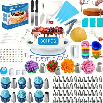 301pcs/set Cake Decorating Set-Non-Slip Turntable with 48Piping Tips, Scrapers & Tools…