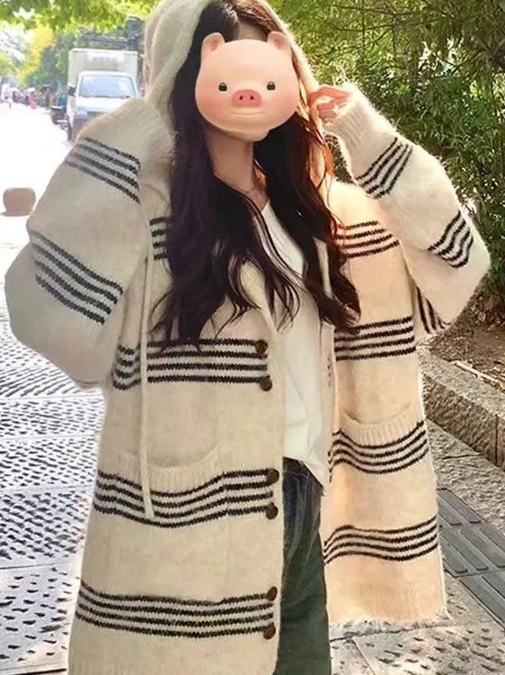 

Laid-back Contrast Color Striped Hooded Knitwear Jacket Women's Loose Mid-length Open Cardigan Top Korean Style Autumn Winter