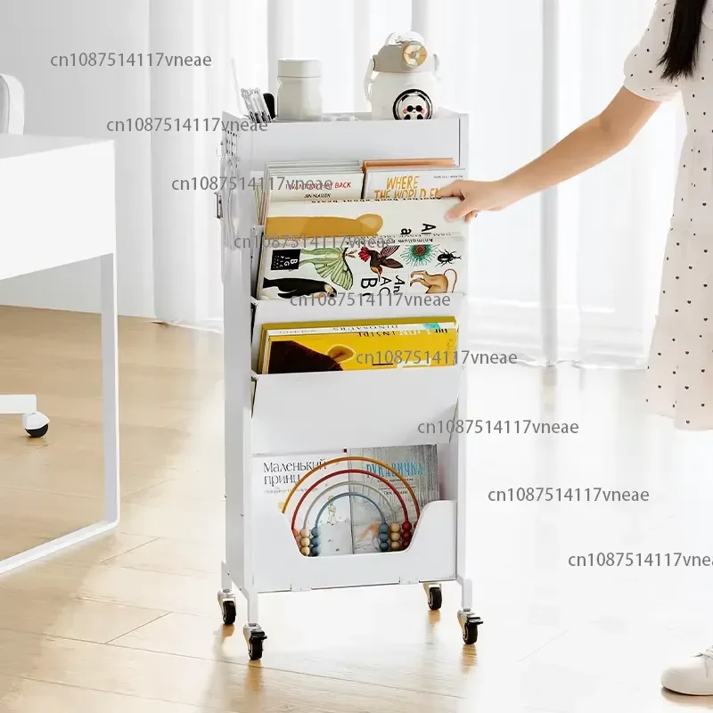 Double Sided Rolling Bookcase with Tilted Shelves Mobile Storage Organizer for Books Toys Sturdy 4-Wheel Base