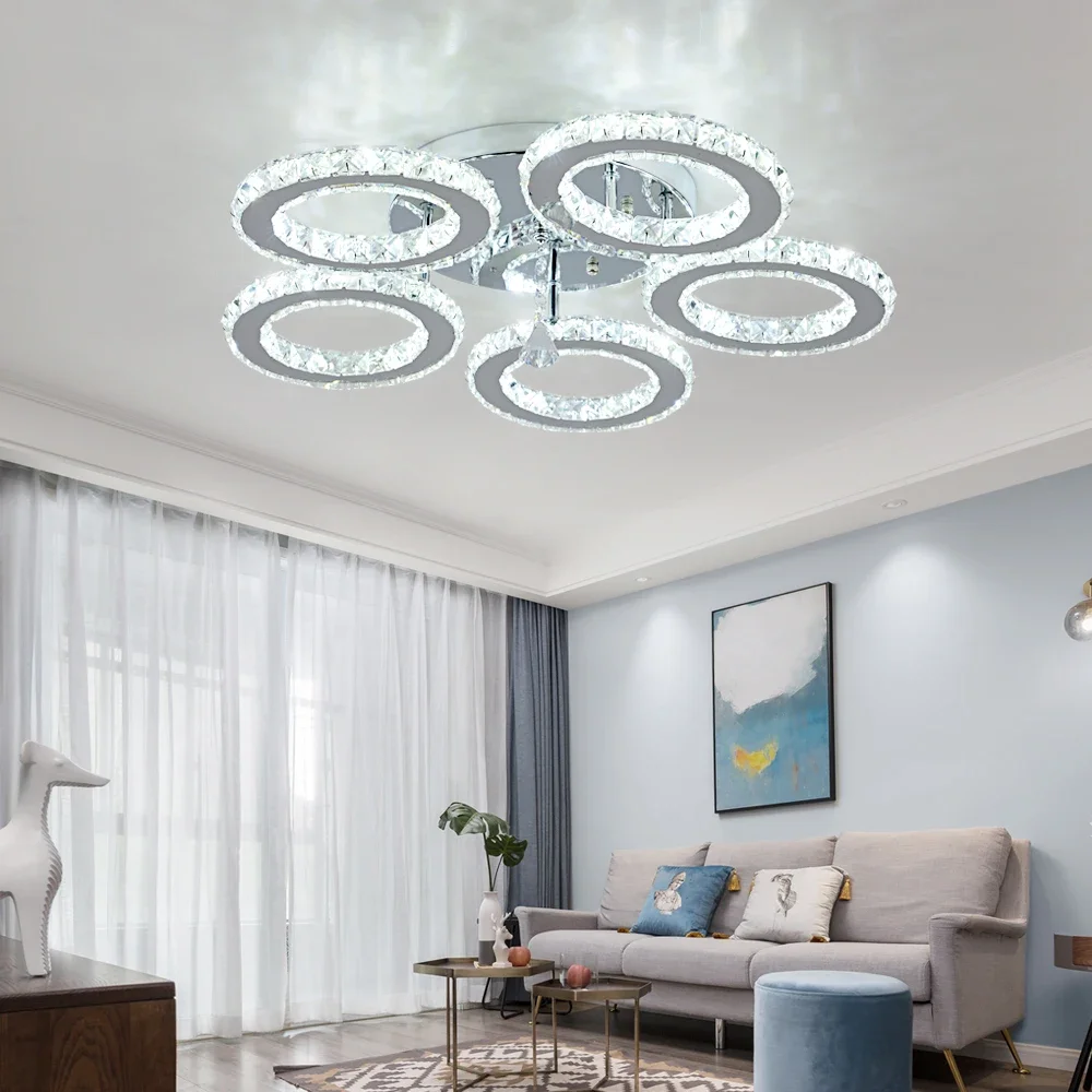 3/5 Rings K9 Crystal LED Chandeliers Lighting Modern Chrome Plafon Lustre Luminaire  Stainless Steel Ceiling Lamps  For Kitchen