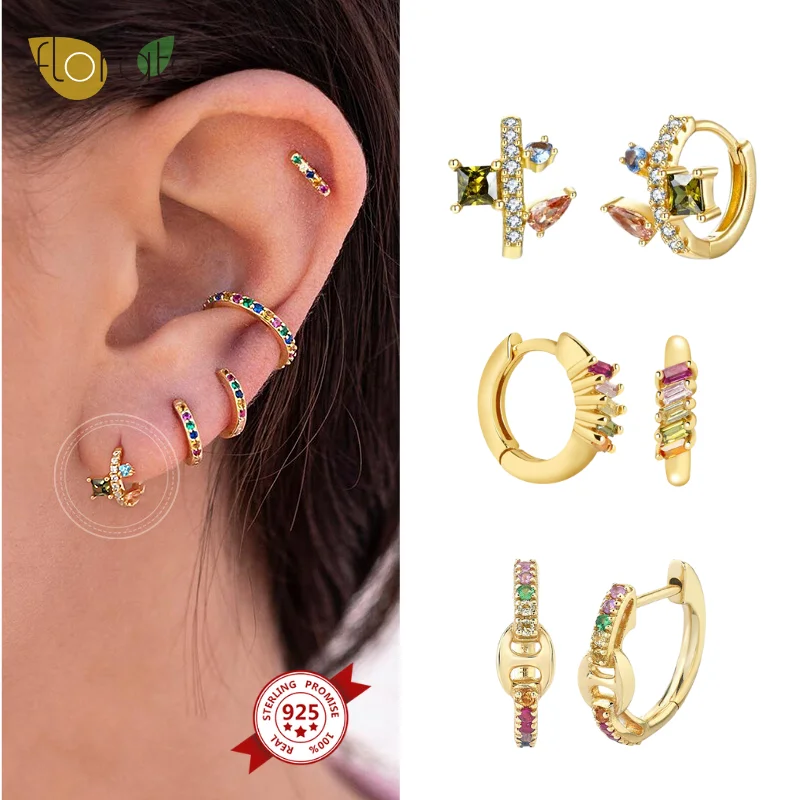 925 Sterling Silver Ear Needle Hoop Earrings Luxury Geometry CZ Huggie Earrings for Women Crystal Gold Earring Fashion Jewelry