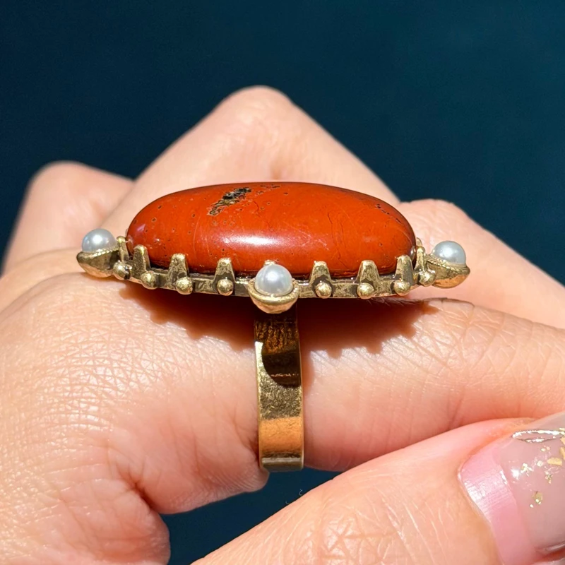 Vintage Alien Coral Red Stone Rings For Woman Luxury Pearls Art Deco Jewelry Girls Fashion Party Brand High Quality Gift New - view 4