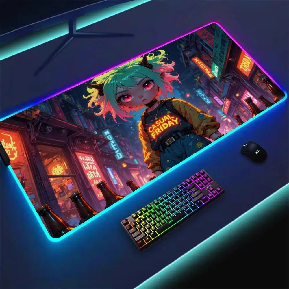 

RGB Mouse pad Neon-style girl illustration gaming mat rubber anti-slip Desk Mat LED glow Gaming keypad mousepad pc accessories