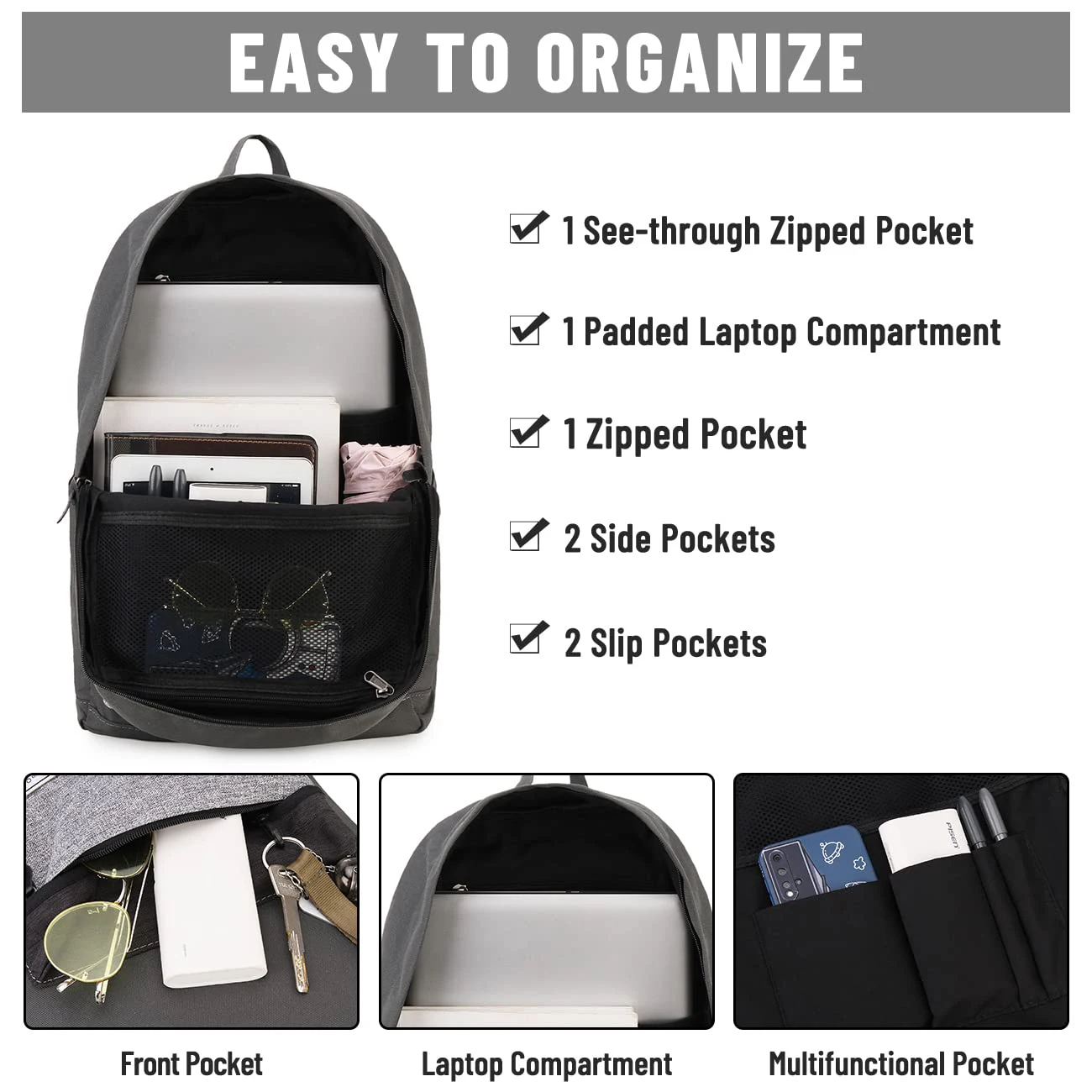 Backpack for Men Women, Water-Resistant School Backpack Bookbag Schoolbag Casual Daypack Work Gray