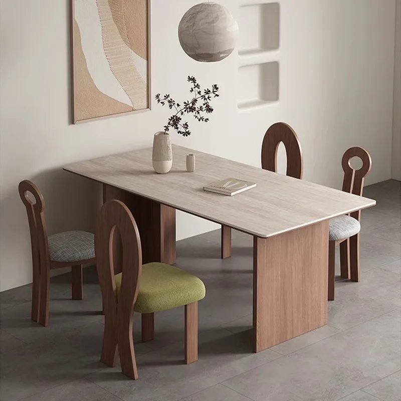 French retro small apartment dining table and chair combination travertine, slate, walnut color medieval style designer solid wo