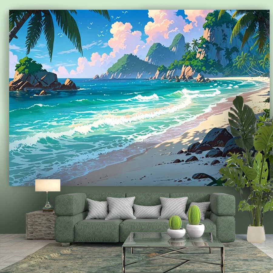 1PC Anime Tropical Beach View Print Backdrop Banner, Bedroom Living Room Photo Background, Polyester, Home Decor, Wall Art