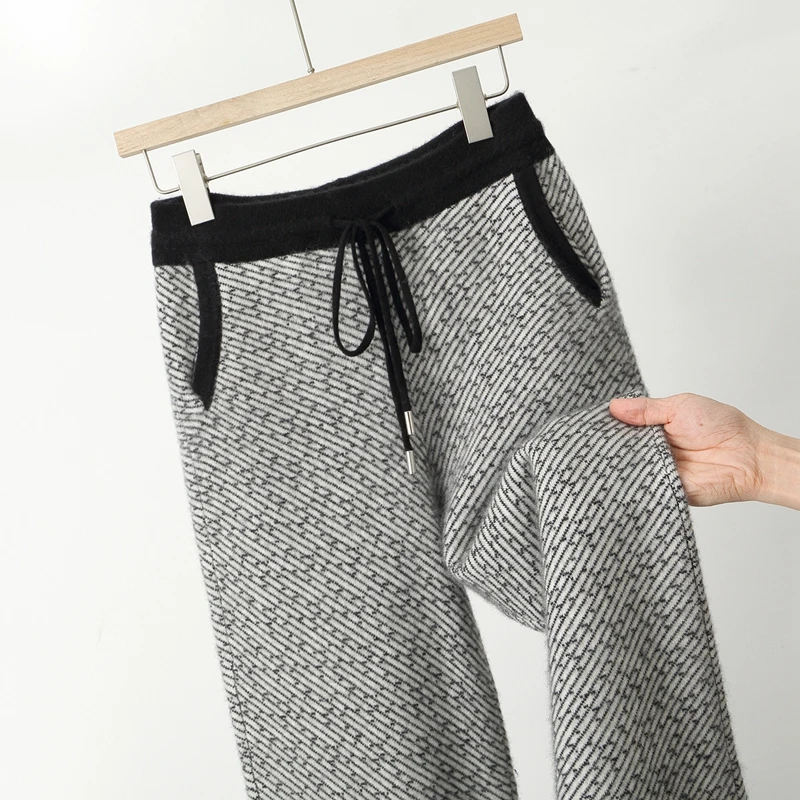 الرجال الصوف السميك مستقيم السراويل الخريف الشتاء مرونة الخصر جيوب غير رسمية الكشمير بنطلون 100% ميرينو الصوف محبوك شيك السراويل