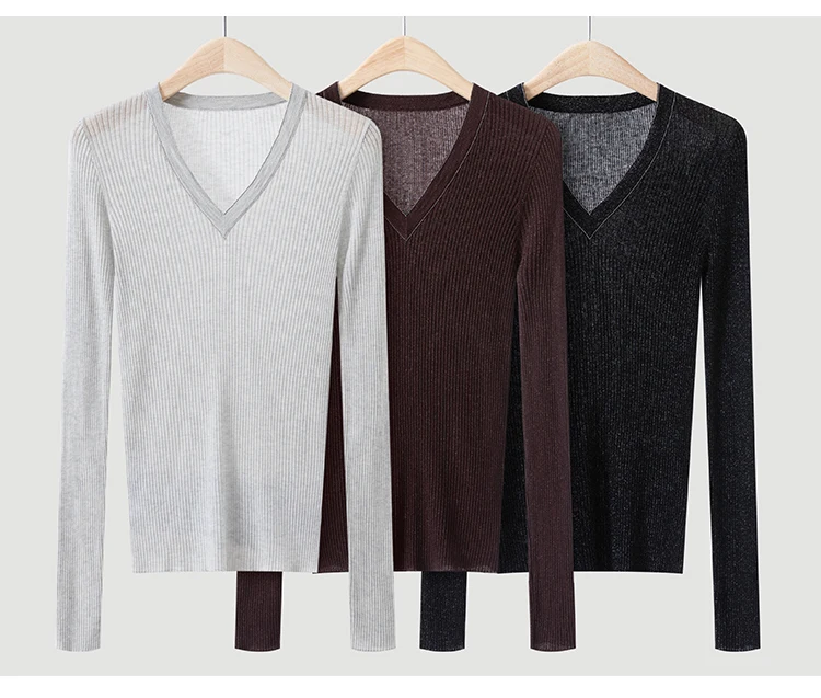 BY3621711 Damen-Pullover mit tiefem V-Ausschnitt, Lurex-Rippstrick-Wollmischung, langen Ärmeln, V-Ausschnitt, Kettenverzierung, schlanke Passform, dezenter Luxus für den frühen Herbst – Detail 18