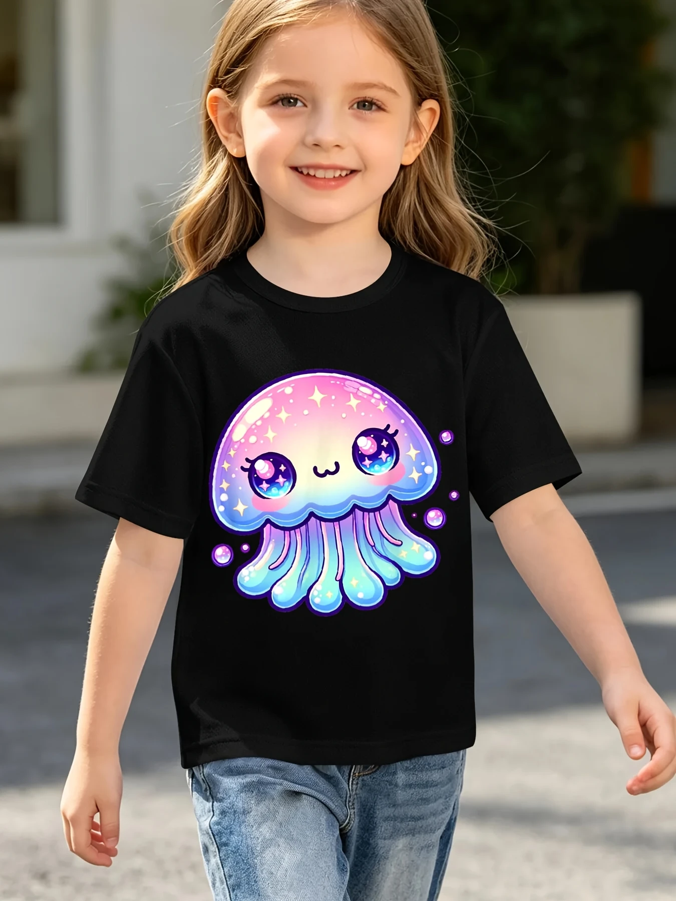 Cute Glitter Cartoon Jellyfish Star Bubble Ocean Graphic Print T Shirt Family Matching Boys Girls Kids Short Sleeve Daily Tees