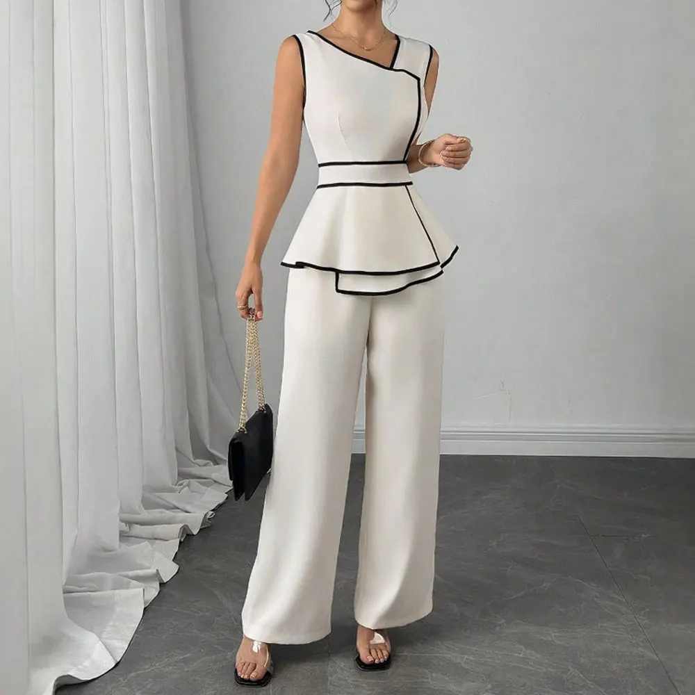 

Mia Muse Women's Jumpsuits Summer Chic Simple Bright Line Decoration Sleeveless Asymmetrical Collar Straight Daily Flared Pants