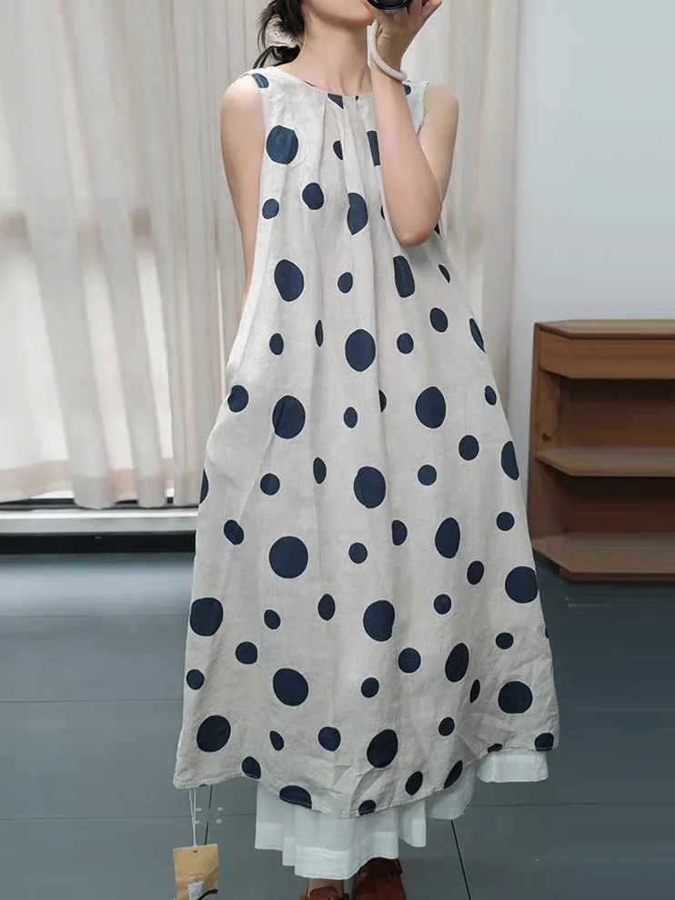 

Японский художественный льняной жилет в горошек, длинное свободное платье с поясом из хлопка и льна, повседневная юбка А-силуэта с высокой талией