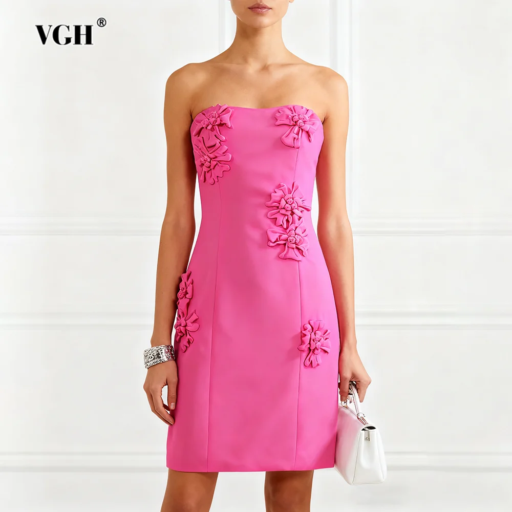 

VGH Sexy Spliced Appliques Solid Mini Dinner Dresses For Women Strapless Sleeveless High Waist Elegant Dress Female Fashion New