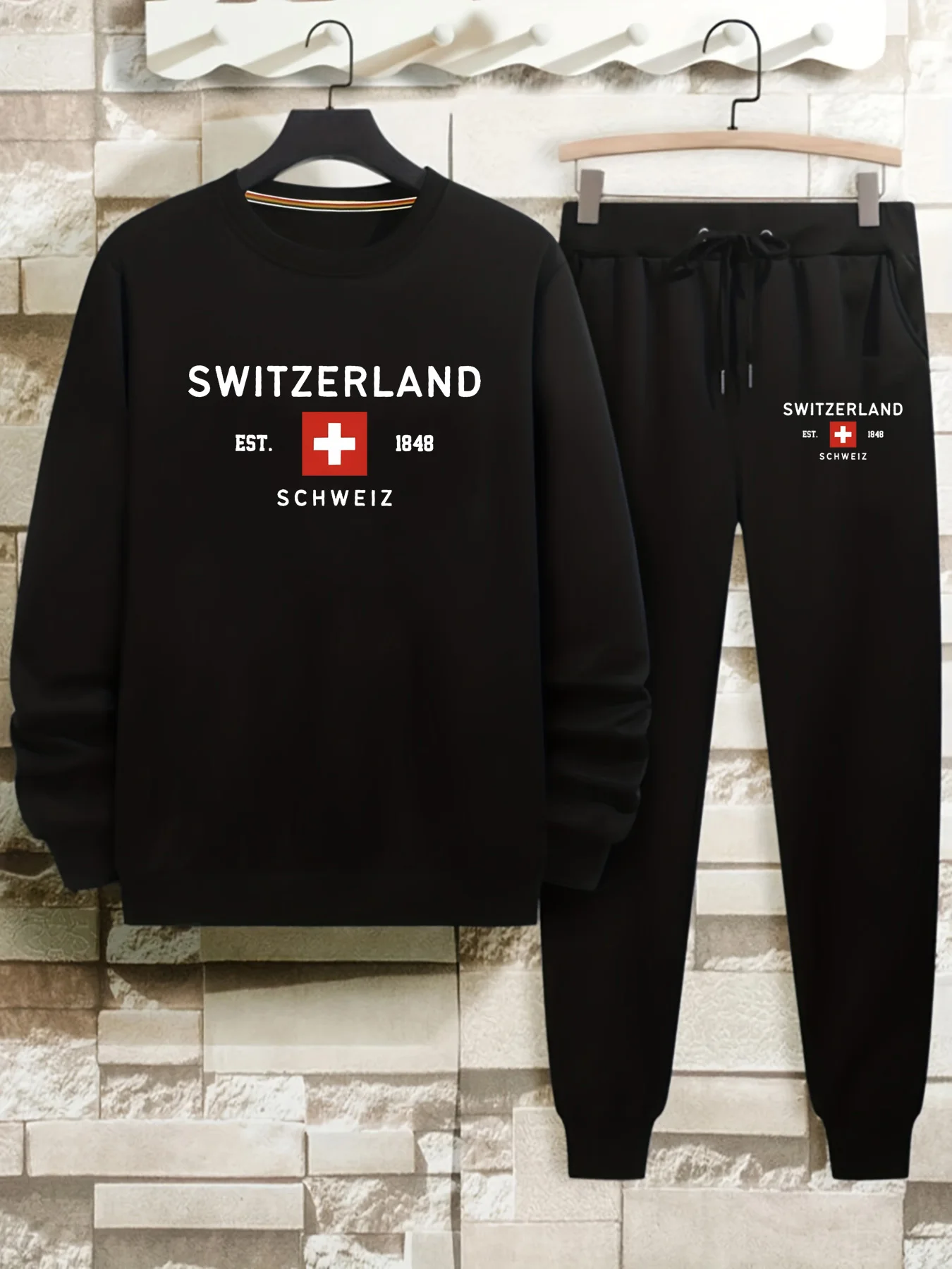 Men's autumn and winter casual warm SWITZERLAND pattern printed loose and thick velvet round neck sweatshirt+sports pants set
