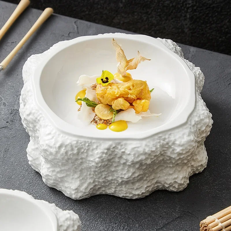 Rock Patterned Solid Color Ceramic Plate, Soup Bowl, Dessert Plate, Double-layer Insulation Board, Tableware, Kitchen Utensils