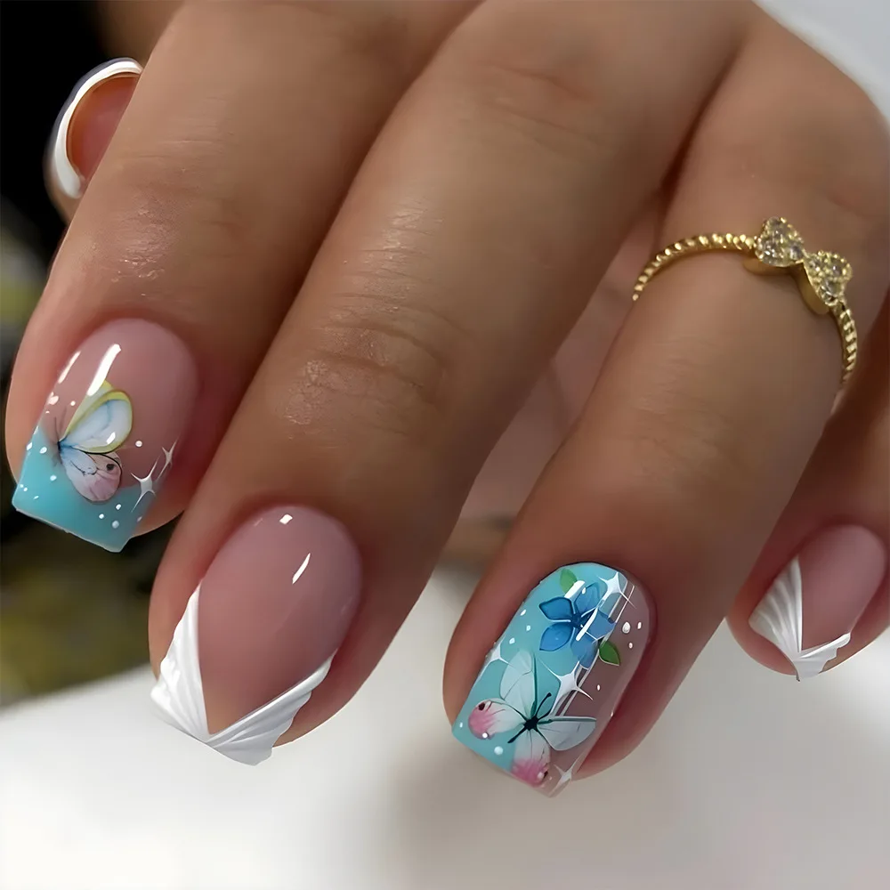24 stuks korte balletpers op nagels sets gradiënt paars met glanzend poeder ontwerp nep nageltips eenvoudige strass kunstnagels kunst