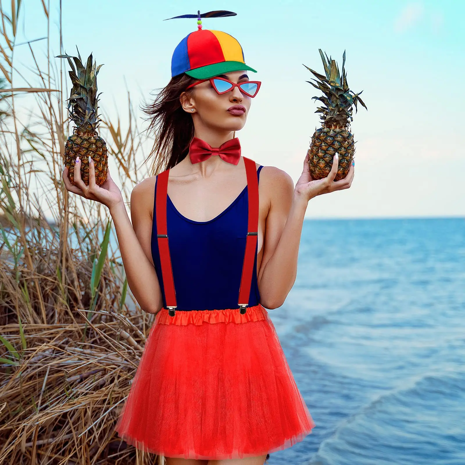 4-Piece Rainbow Clown & Propeller Hat Set, bright colored with suspender & bow tie, funny for carnival and masquerade dress-up