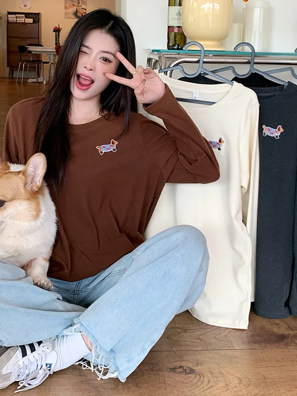 

plus Size Women's Thickened Long Sleeve round Neck T-shirt Spring Fun Print Doggy Base Shirt Casual Style Polyester Fabric