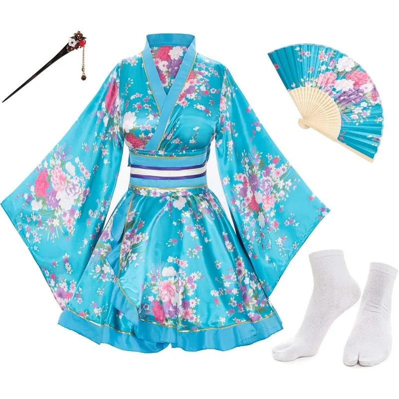 Japanese Dance Kimono Robe Fancy Dress Hand Held Silk Folding Fans Tabi Hairstick Socks Set Halloween Carnival Party Women