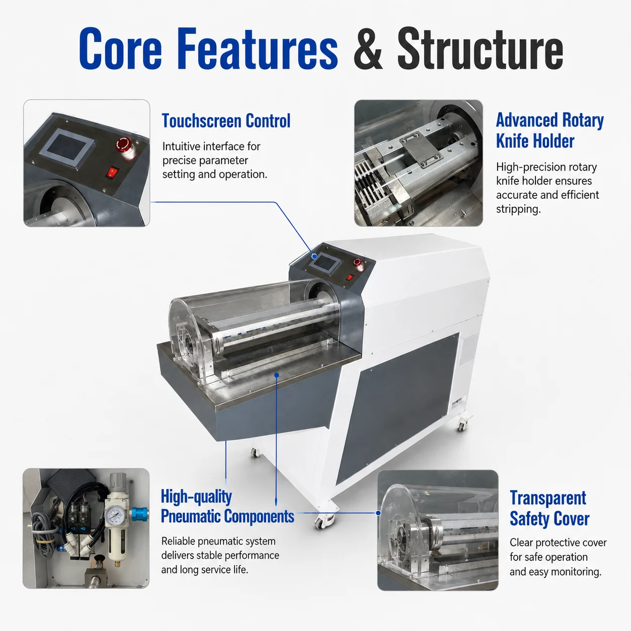 SQ-HW500 Qilin Industrial Automatic Rotary Cable Stripping Machine 12-50mm Thick EV Wire 500mm Long Stroke Peeler 10-30pcs/min