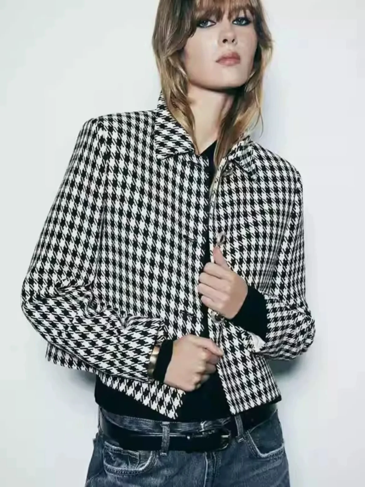 

Faionable Plaid Texture Suit Jaet Women's ort Outerwear Autumn New Arrival Ele Sle Versatile Flip-Collar Loose Fit