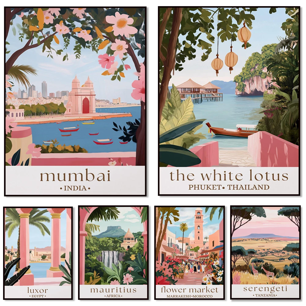 Mumbai, Chobe Island Safari in Botswana, Luxor in Egypt, Mount Kilimanjaro, Serengeti, Morocco, Egypt, Zimbabwe travel posters