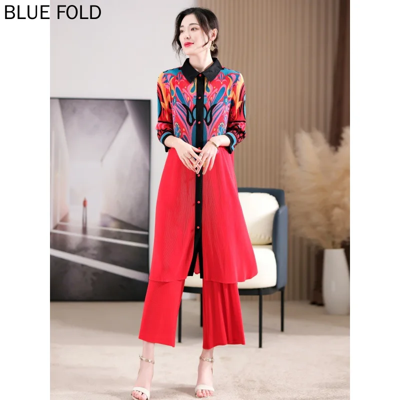 

Miyake Pleats Mid-length Coat Wide-Leg Pants Set Contrast Color Stitching Printing Lapel Three-Quarter Sleeves Spring Autumn Set