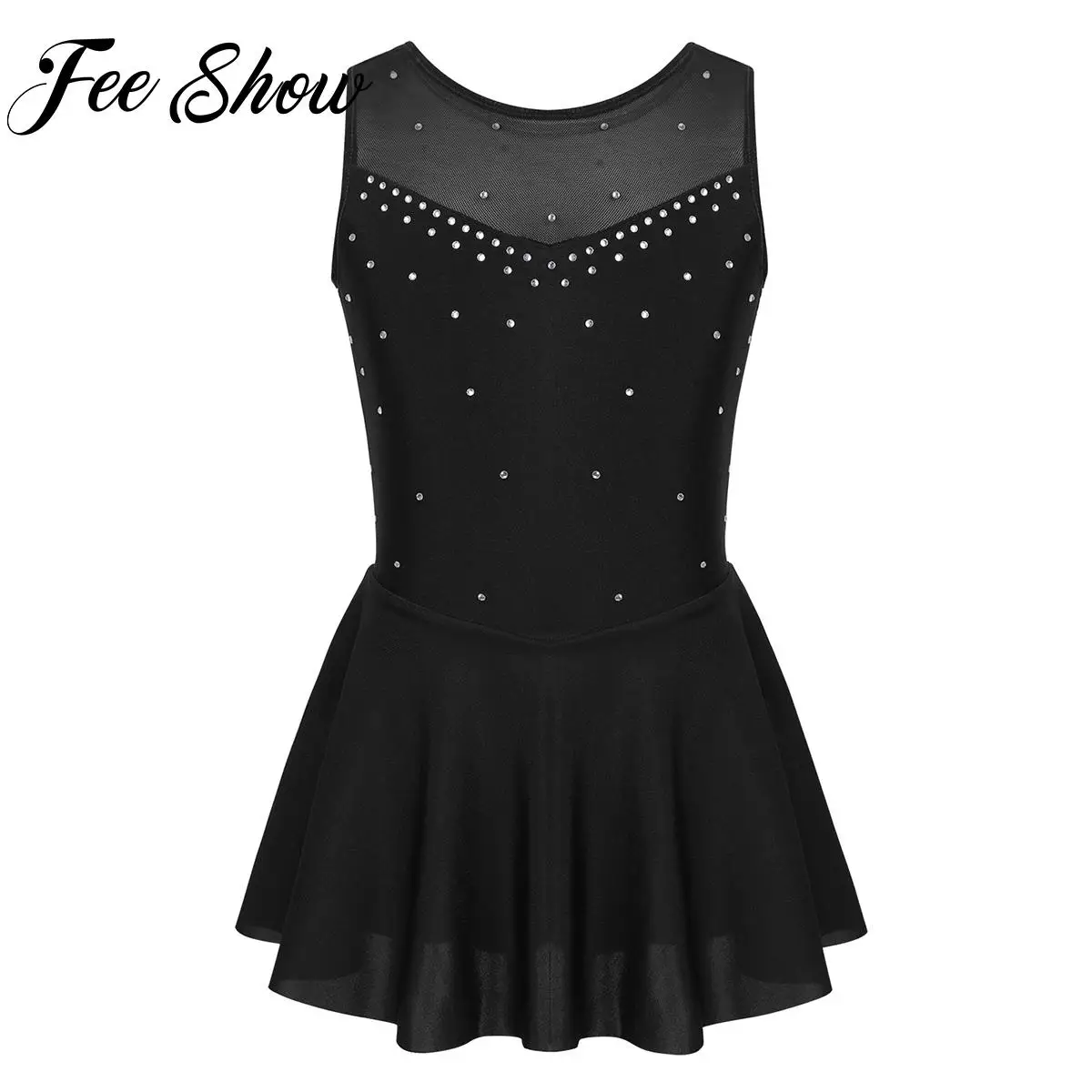 

Kids Girls Sleeveless Sparkly Rhinestone Tulle Back Figure Ice Skating Roller Skating Ballet Dance Leotard Dress