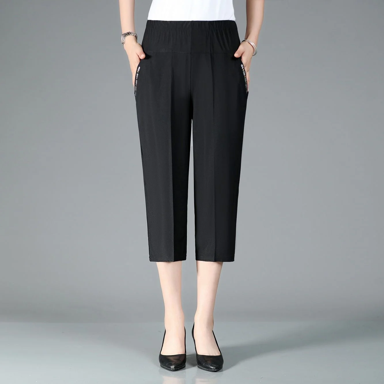 Middle Aged And Elderly Women's High Waisted Elastic Mother's Pants Solid Color Calf-Length Pants Female 3/4 Trousers