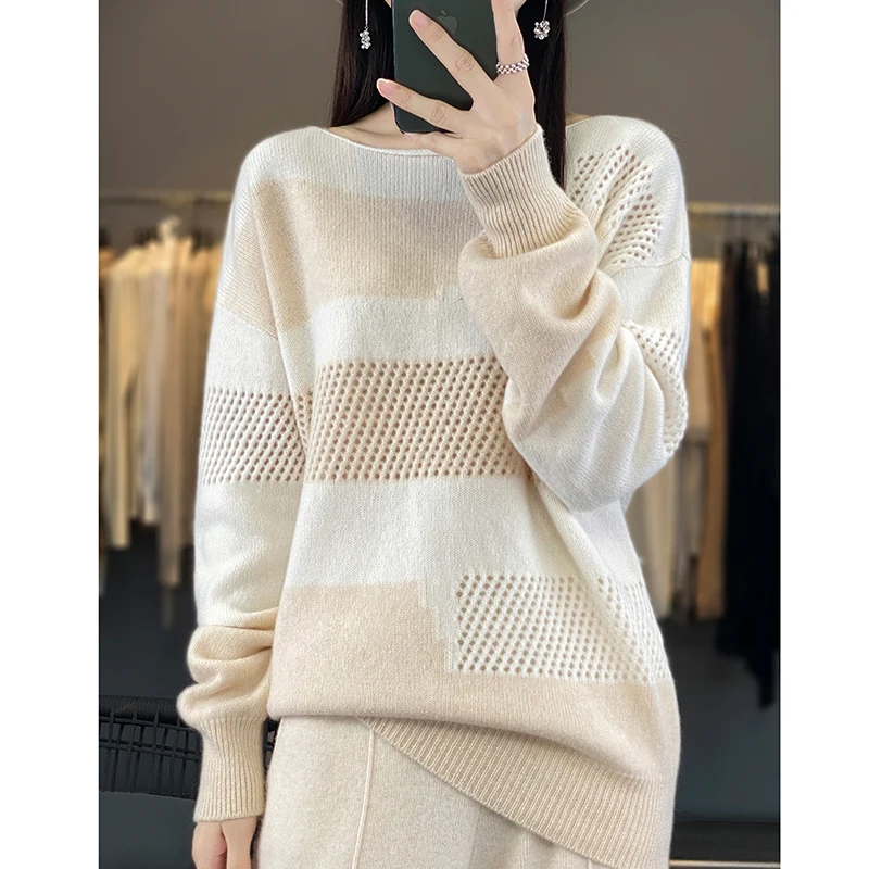 2023 Autumn/Winter New Colored Round Neck 100% Pure Cashmere Sweater Women's Hollow out Long Sleeve Sweater Loose Sweater Bottom