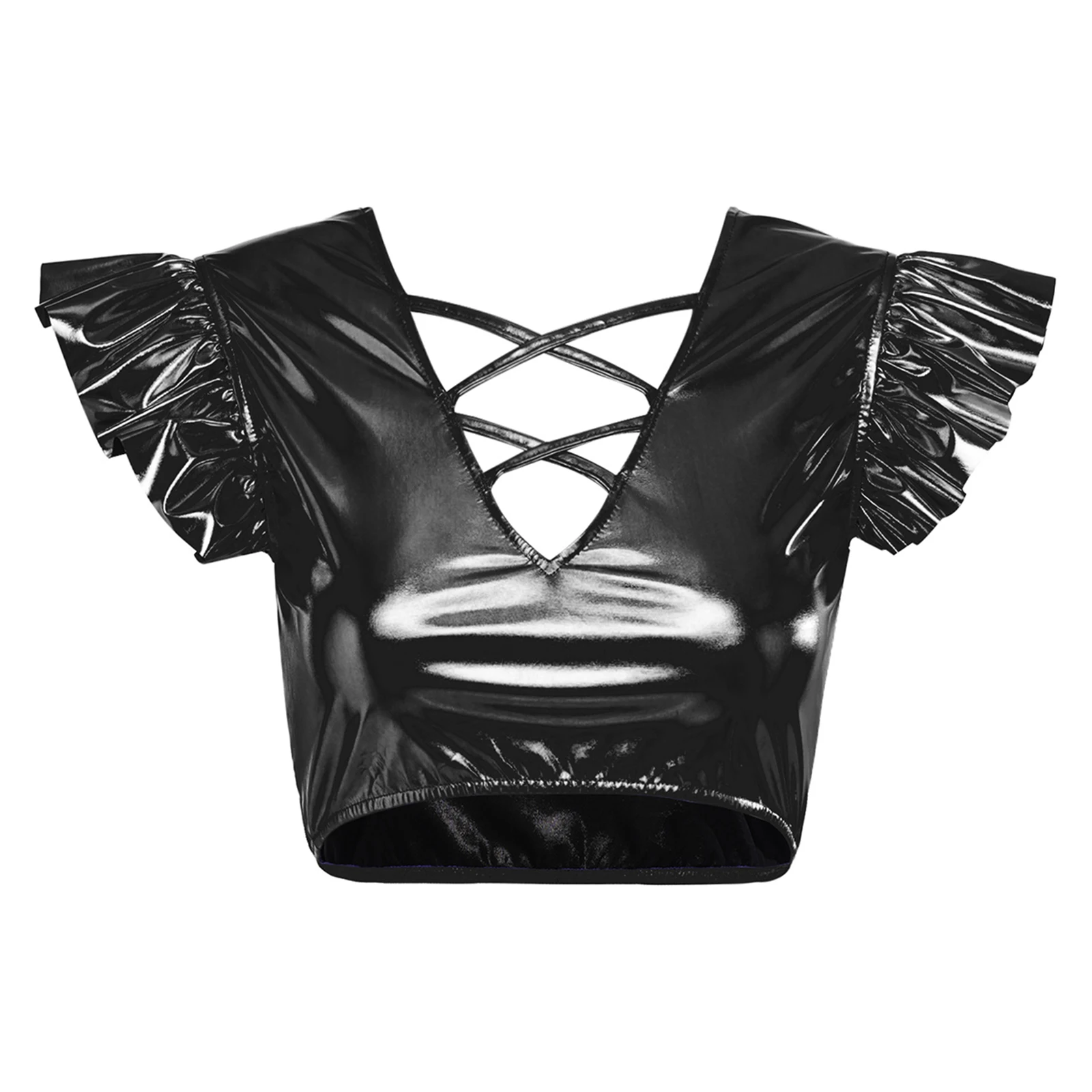 

Women Stylish Metallic Cutout Pullover Crop Top Pole Dance Festival Costume Vest Strappy V-shaped Raves Party Tank Top Clubwear