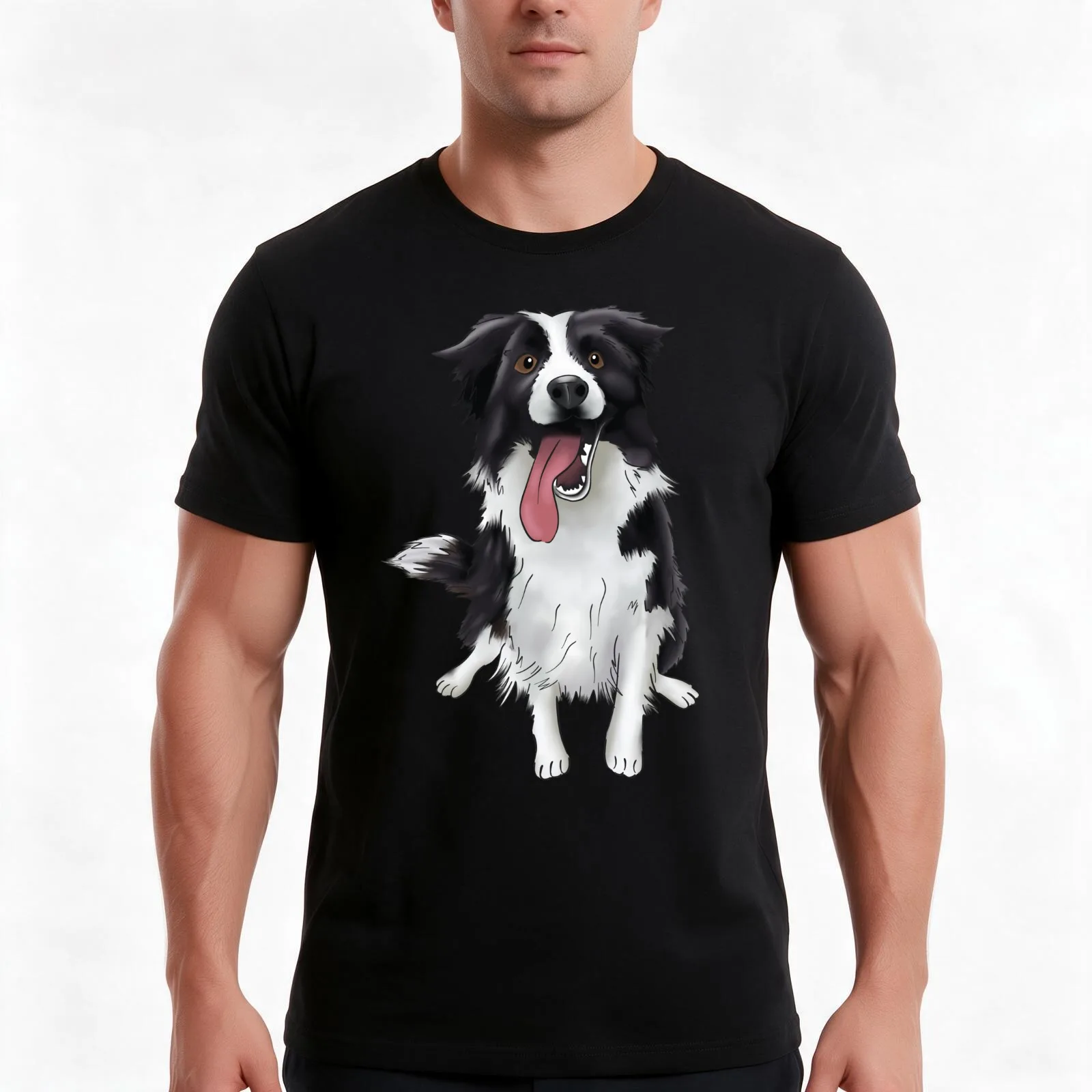 Cute Smiling Black and White Border Collie Drawing | For Boarder Collie Owners | For Dog Lovers T-Shirt Vintage Graphic Print