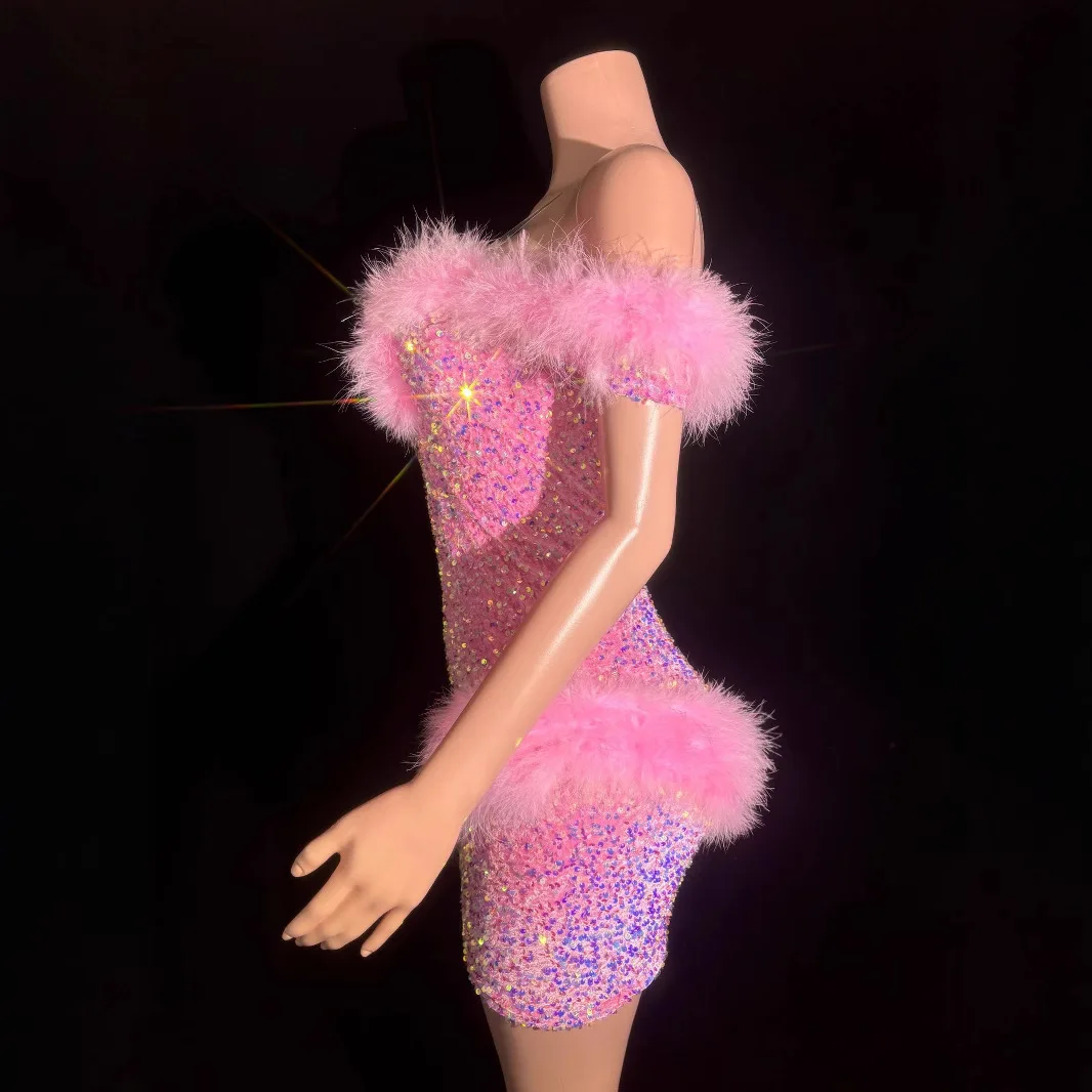 Glamorous Pink Feather Birthday Party Dress Stage Performance Costume Sequined Tube Top Suspender Skirt Outfit Glamorous Dresses